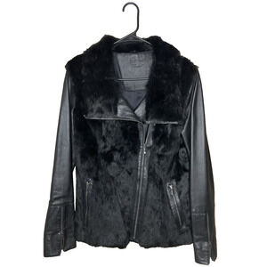 NetWork Black Leather Rabbit Fur Moto Jacket Women’s M Luxe Grunge Citywear